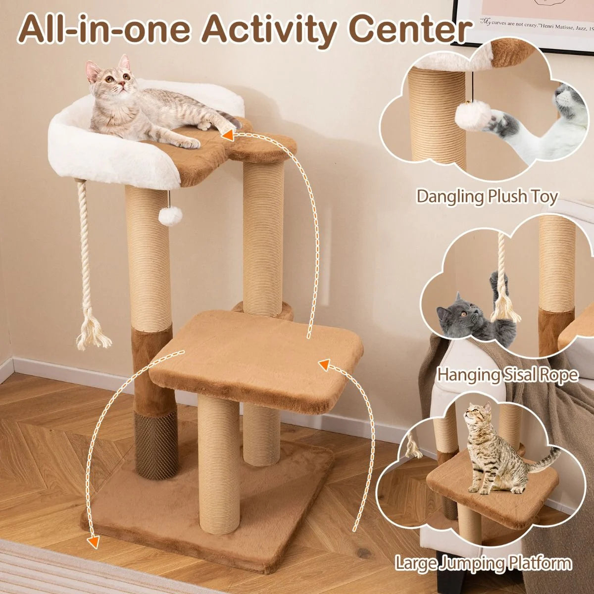 Indoor Cat Tree with Plush Perch, Scratching Posts, and Jumping Platform