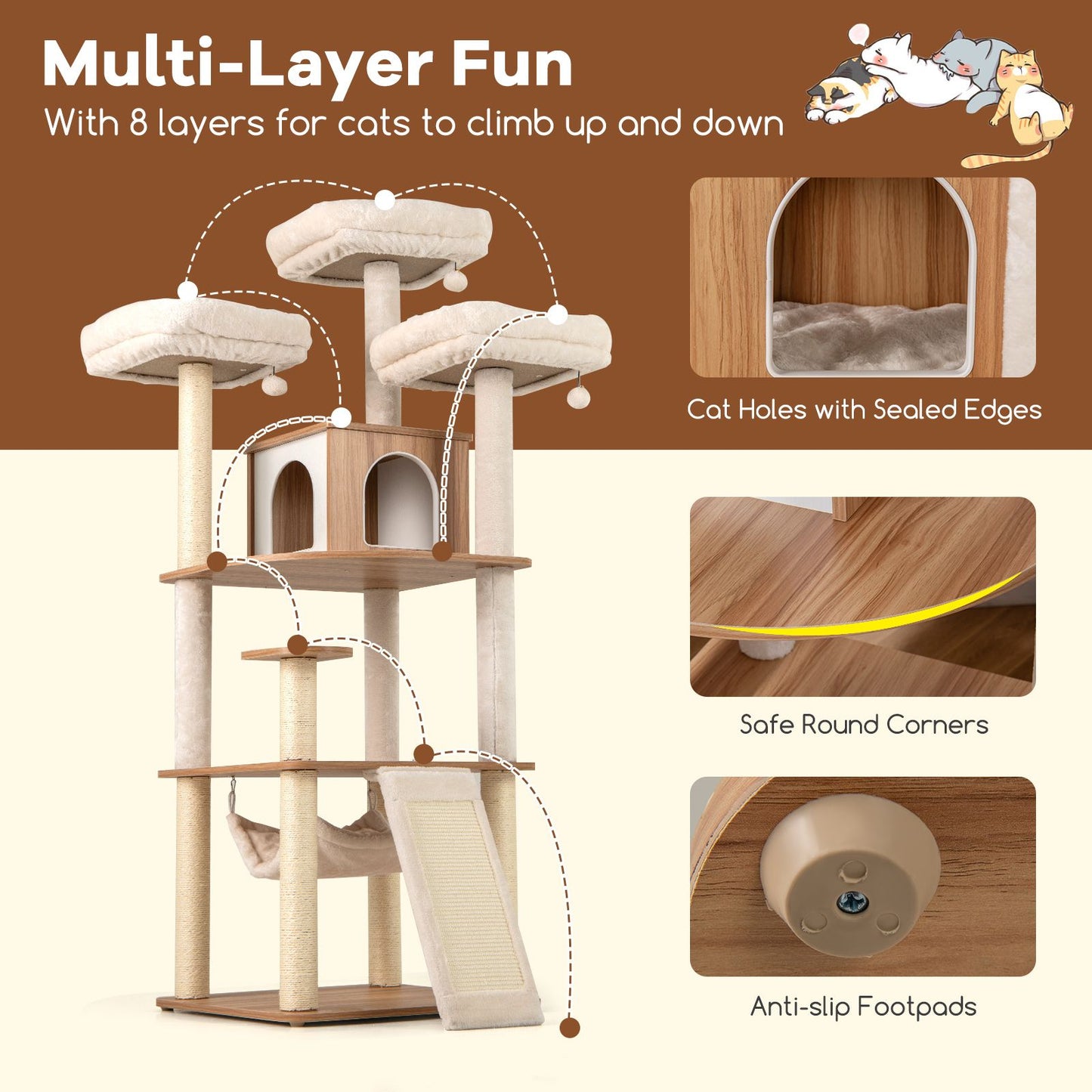 168CM Tall Cat Tree Wood Cat Tower with 3 Padded Perches
