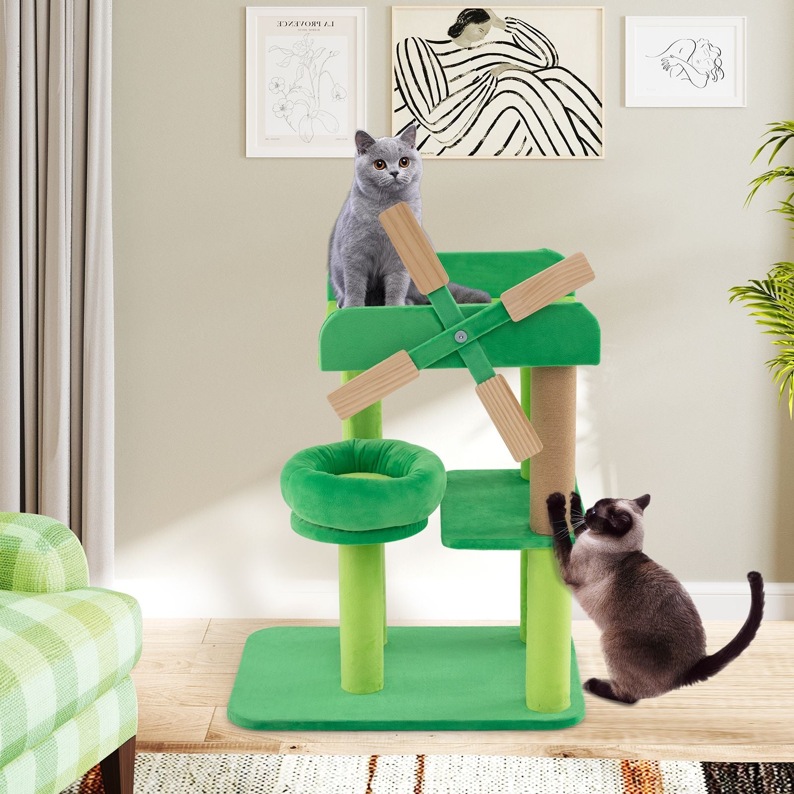 4-Layer Windmill Cat Tree with Scratching Post and Top Perch