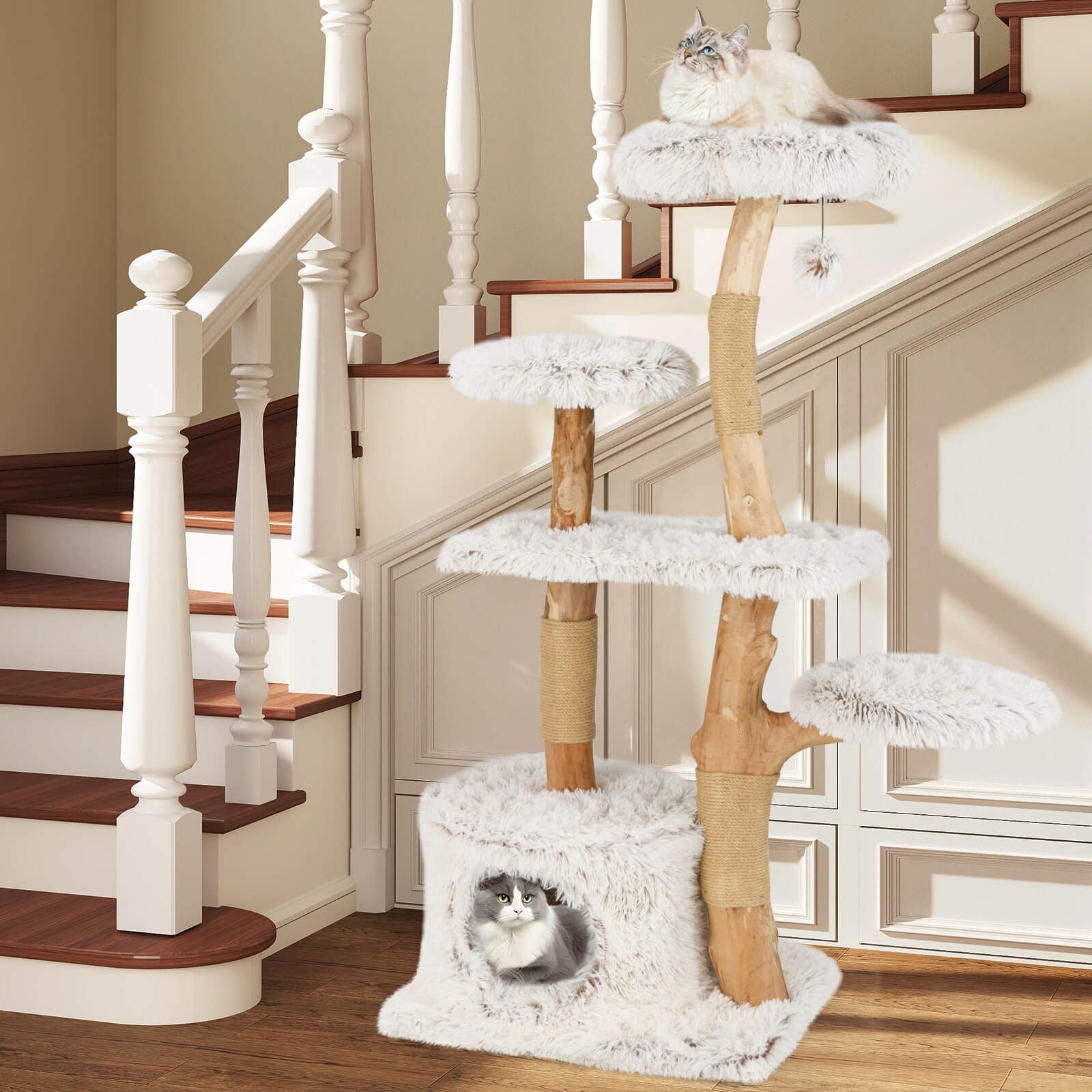 135Cm Cat Tree Tower with Wood Branches and Plush Condo