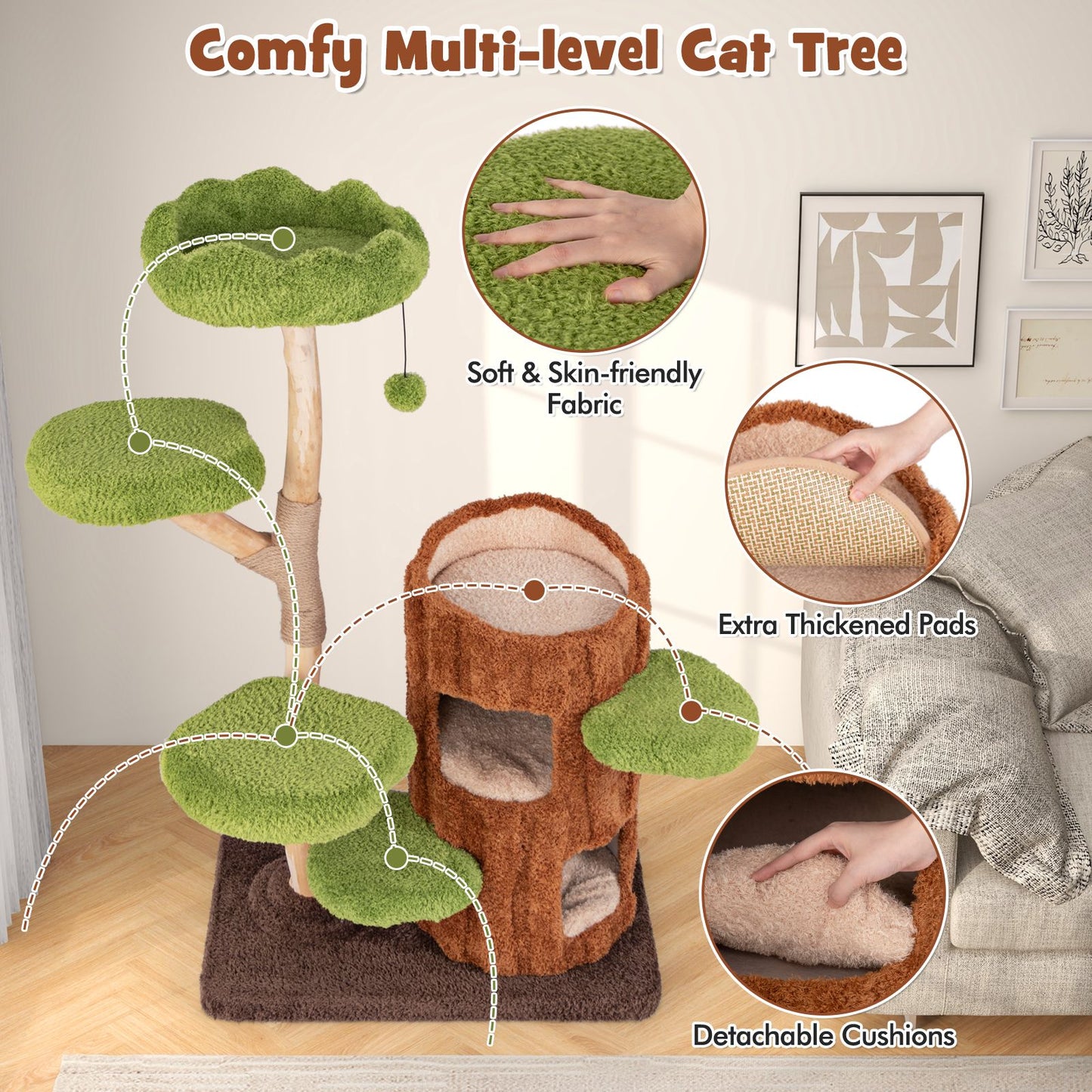 Multi-Level Cat Tree Tree Hole Designed Cat Tower with Double Decker Cat House