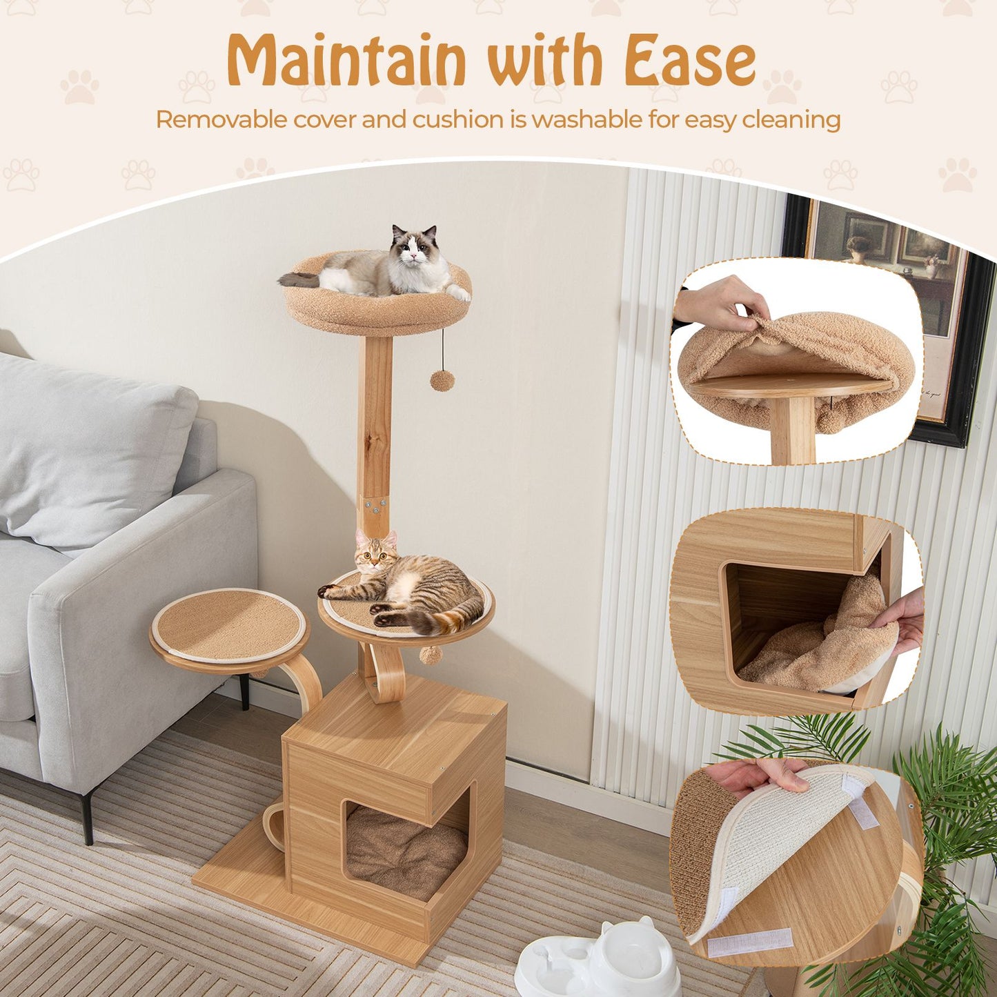 51 Inches Wooden Cat Tree with Solid Wood Post and Curved Plywood Frame