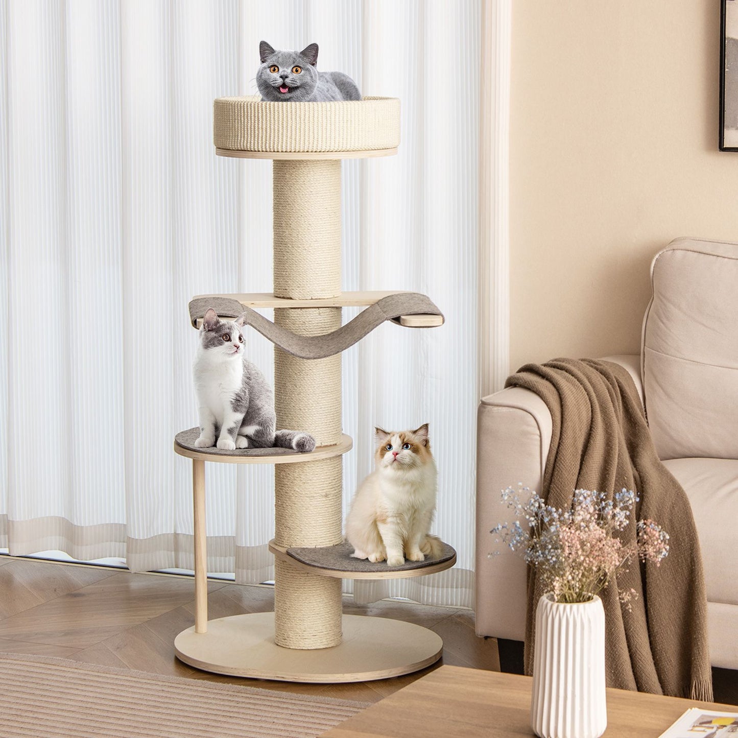 120 CM Multi-Layer Cat Tower with Sisal Covered Scratching Posts and Carpet