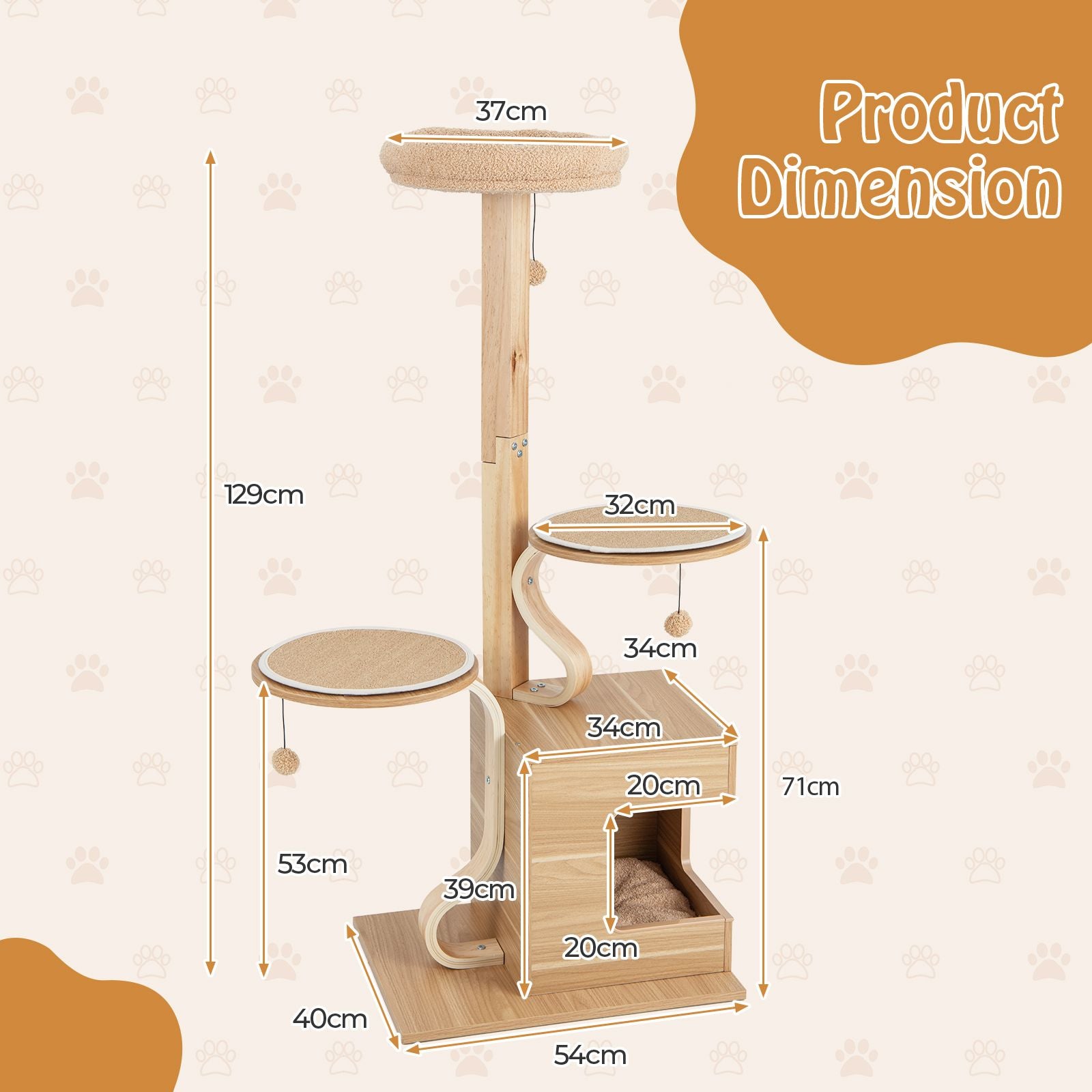 51 Inches Wooden Cat Tree with Solid Wood Post and Curved Plywood Frame