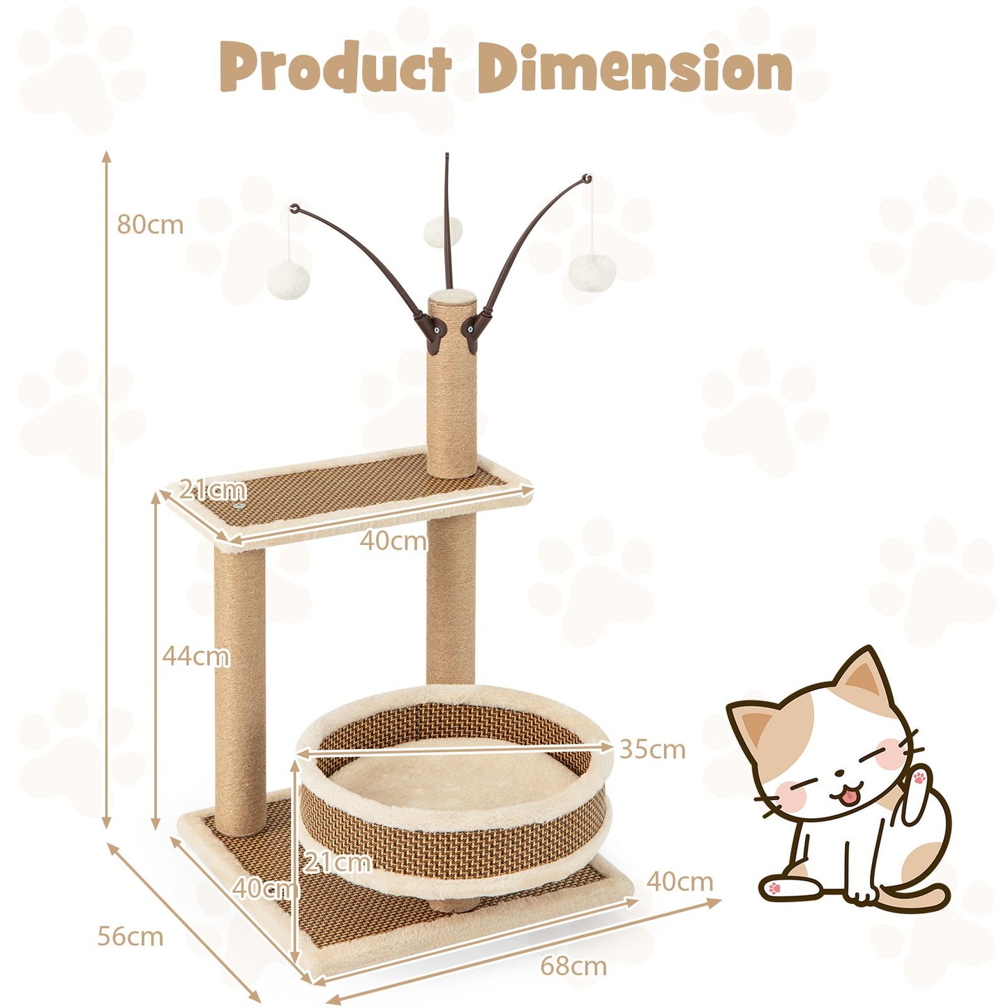 Contemporary Cat Tower Featuring Rattan Mat and Three Hanging Ball Toys