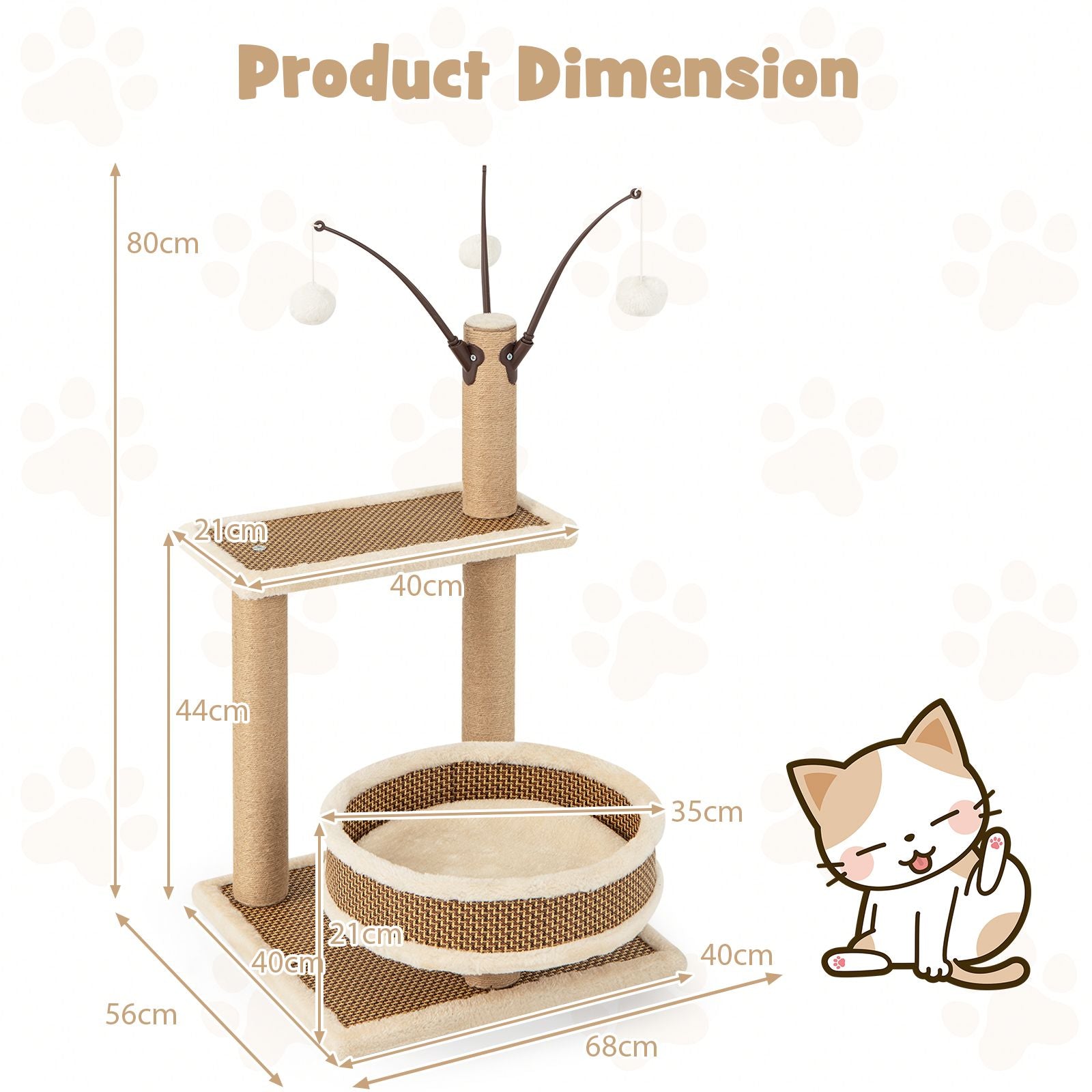 Contemporary Cat Tower Featuring Rattan Mat and Three Hanging Ball Toys