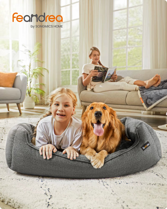 Linen-Look Dog Bed Sofa with Raised Edges, Non-Slip Base, and Washable Cover - 110 x 75 x 27 cm