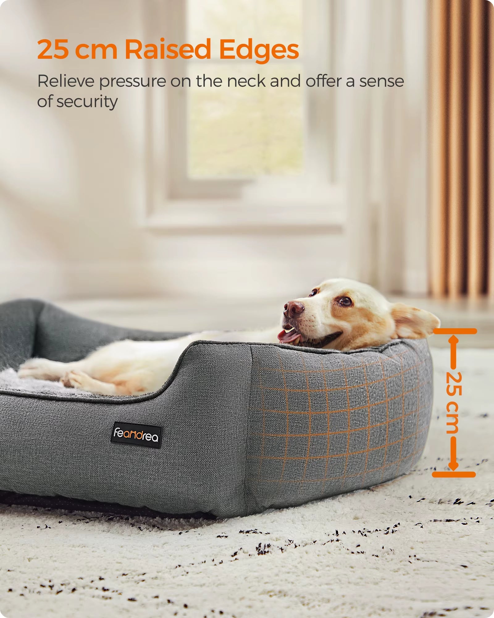 Linen-Style Dog Bed Sofa with Raised Edges, Non-Slip Base, Removable and Washable Cover, 90 x 75 x 25 cm