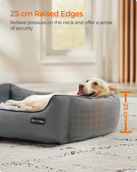 Linen-Style Dog Bed Sofa with Raised Edges, Non-Slip Base, Removable and Washable Cover, 90 x 75 x 25 cm