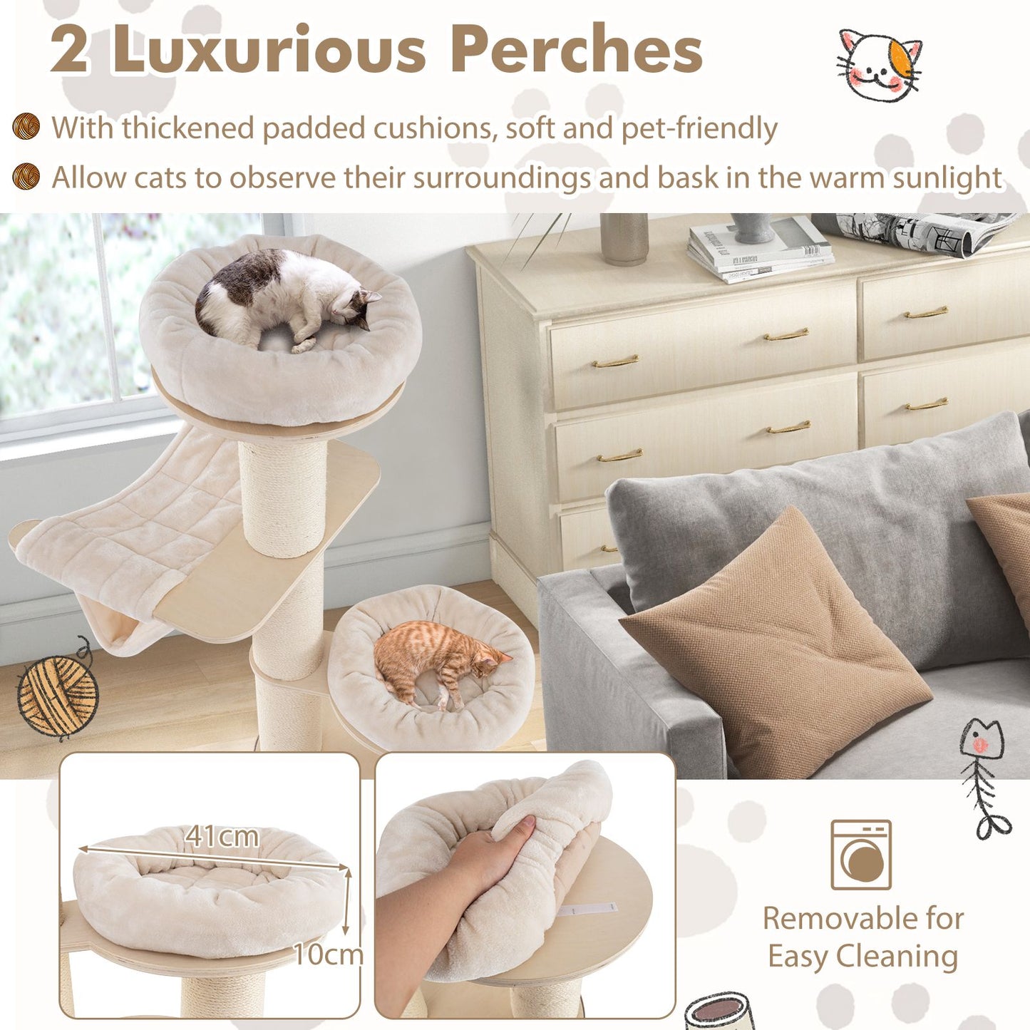 187 Cm Tall Wooden Cat Tower Tree with 2-Story Cat Condo