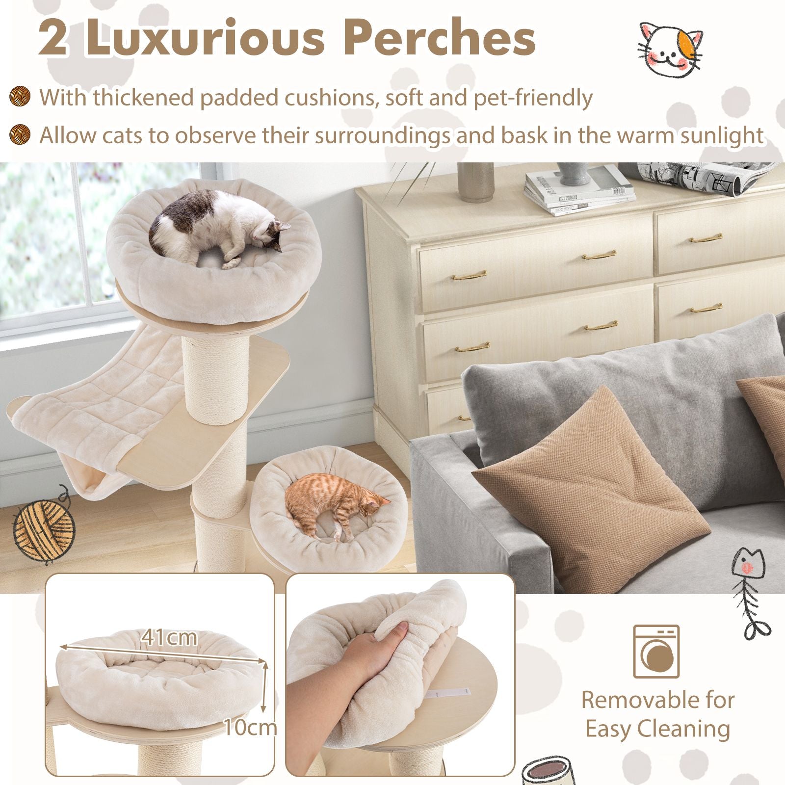 187 Cm Tall Wooden Cat Tower Tree with 2-Story Cat Condo