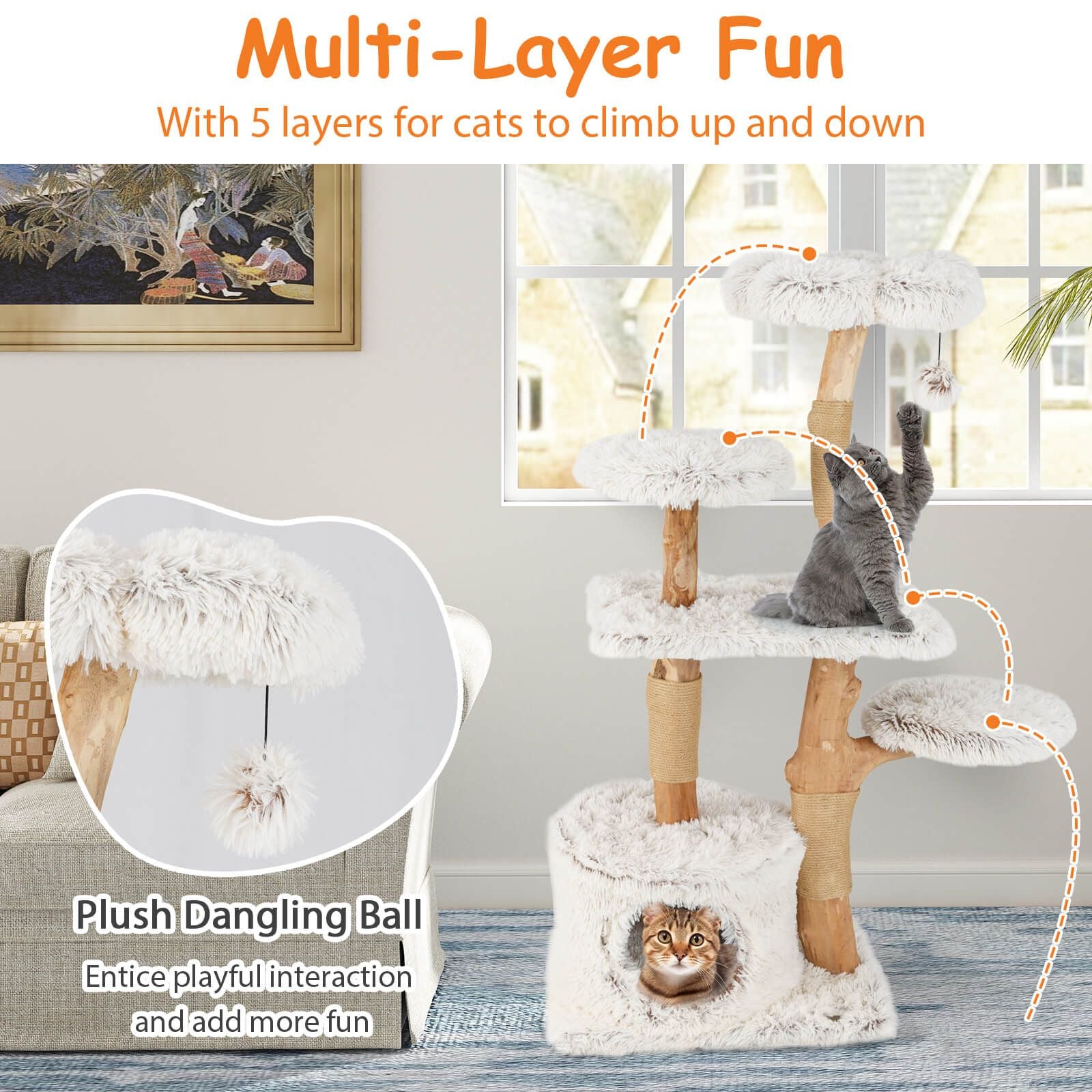 135Cm Cat Tree Tower with Wood Branches and Plush Condo