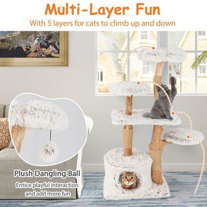 135Cm Cat Tree Tower with Wood Branches and Plush Condo