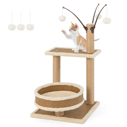 Contemporary Cat Tower Featuring Rattan Mat and Three Hanging Ball Toys