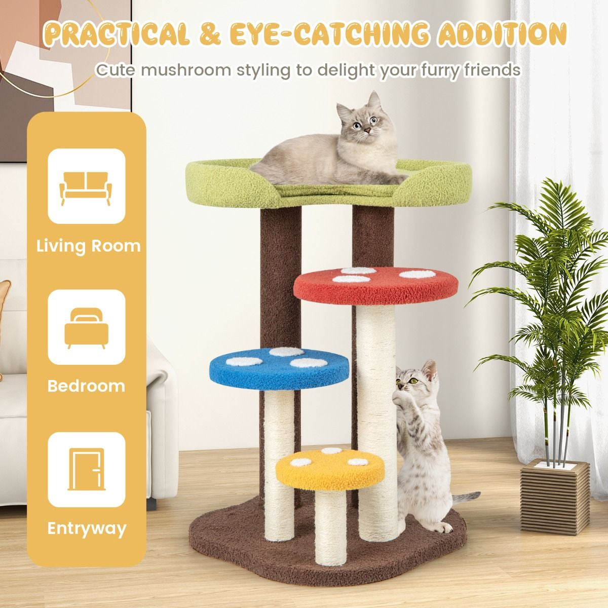 3-In-1 Cat Tree with 3 Full-Wrapped Sisal Posts and Removable Mat & Platforms