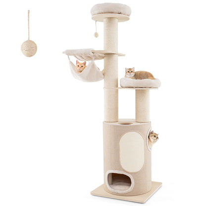 187 Cm Tall Wooden Cat Tower Tree with 2-Story Cat Condo