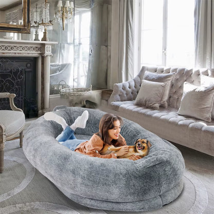 Luxury Large Human Sized Dog Bed Giant Soft Fur Beanbag Calming Mattress Thermal Pet Dog Napping Bed with Cozy Blanket Washable