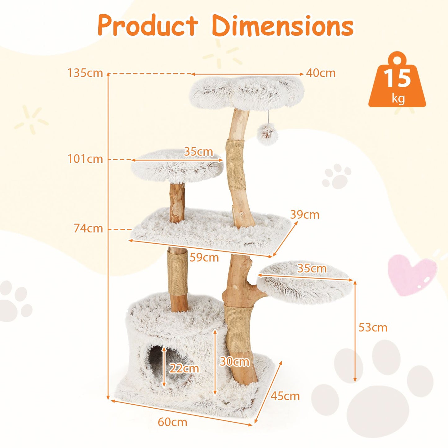 135Cm Cat Tree Tower with Wood Branches and Plush Condo