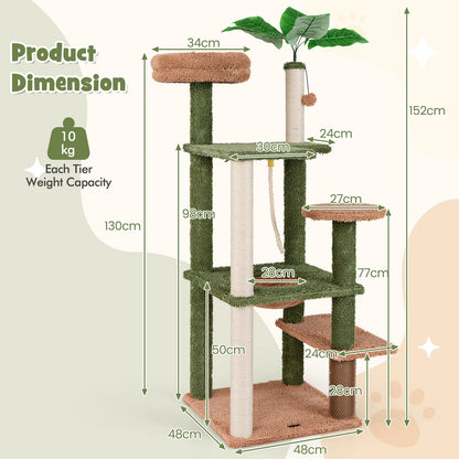 152Cm Cute Cat Tree with Sisal Scratching Posts and Rope, Plush Perch