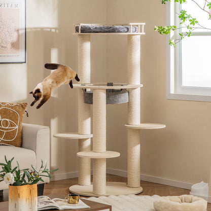 150CM Wooden Multi-Level Cat Tree with Top Perch and Hammock