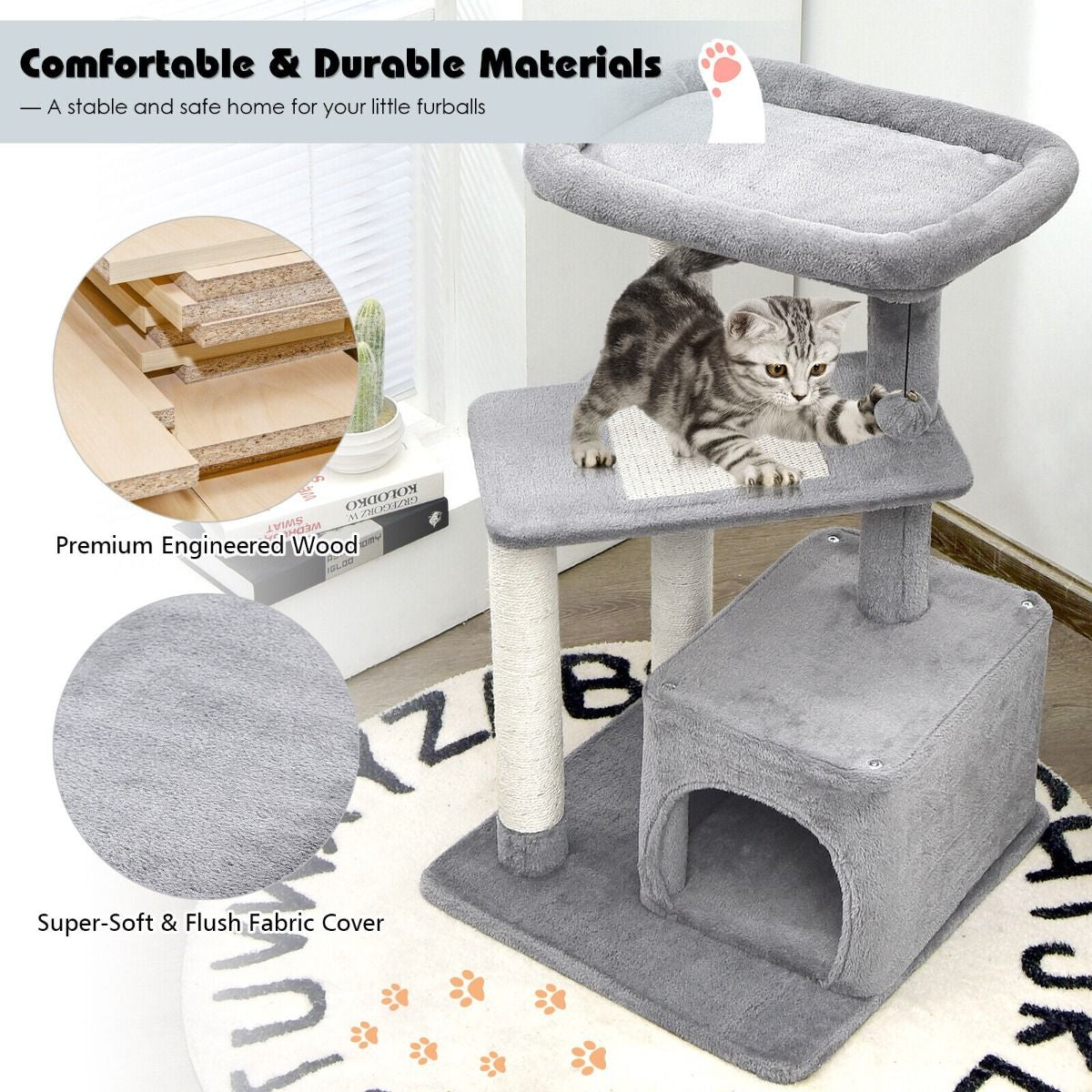 4-Layer Cat Tree with Scratching Posts Cat Condo Dangling Ball