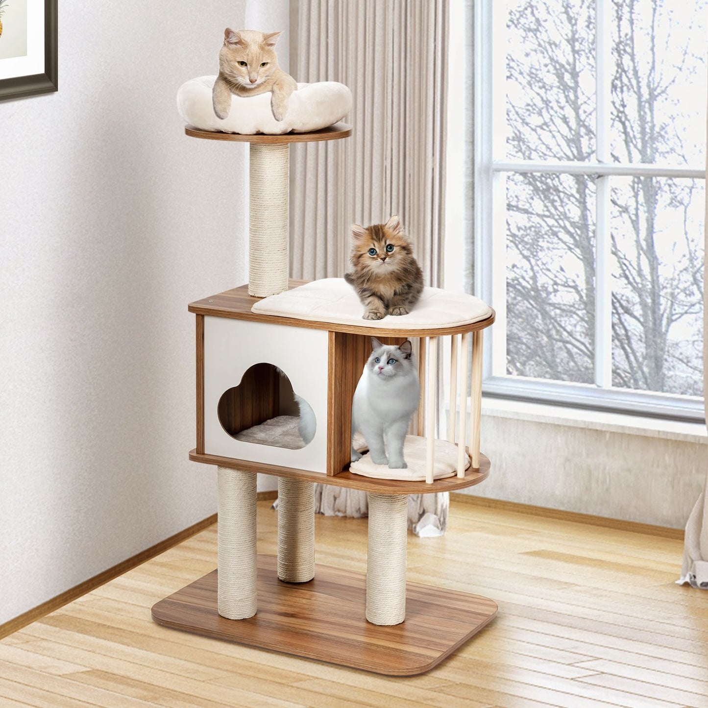 Modern Wooden Cat Tower with Platform