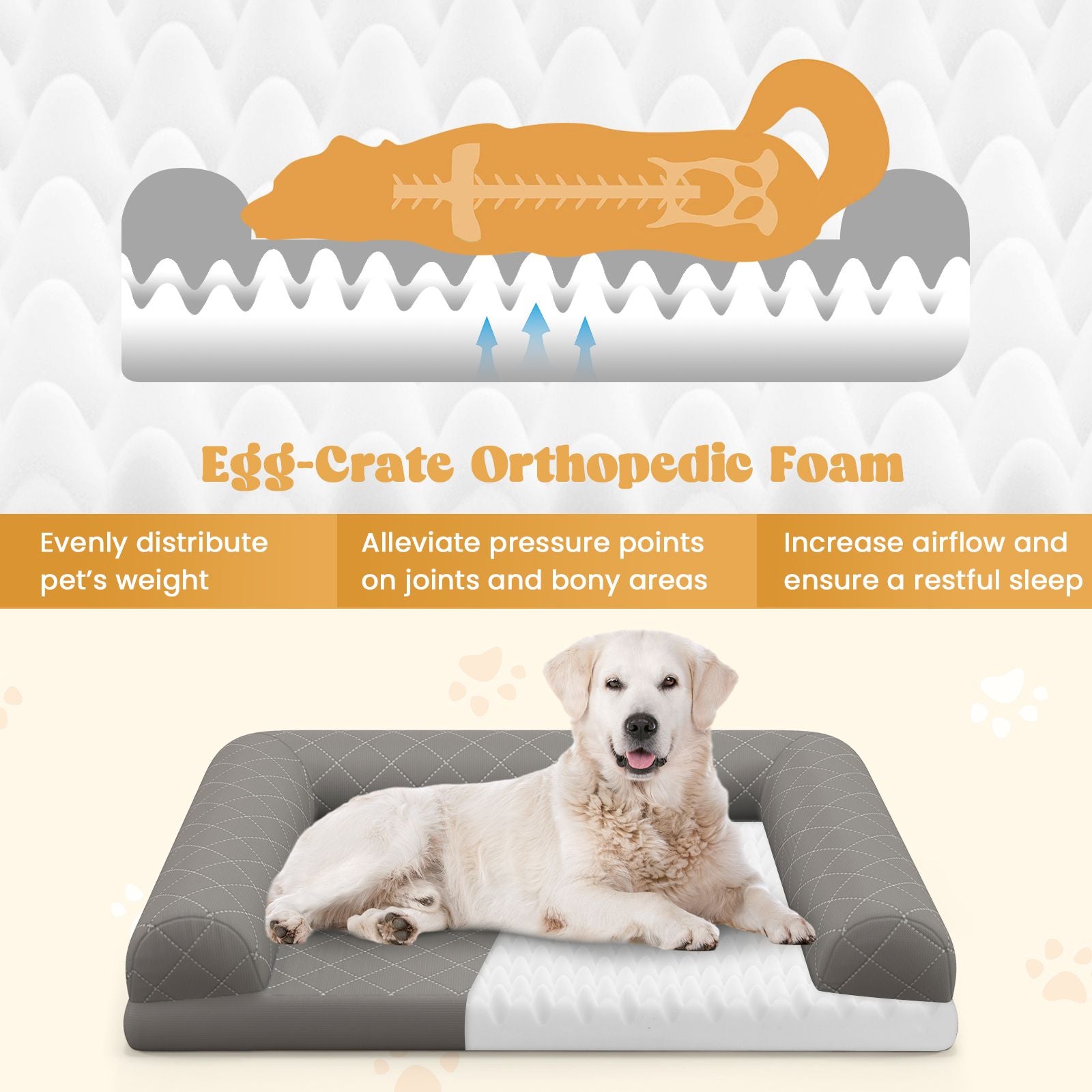 Orthopedic Egg-Foam Dog Crate Bed with Three-Sided Bolster