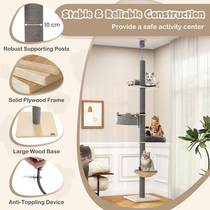 5-Tier Wooden Cat Tower Floor to Ceiling Cat Tree with Adjustable Height