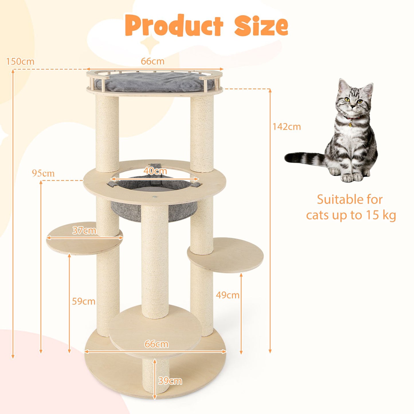 150CM Wooden Multi-Level Cat Tree with Top Perch and Hammock