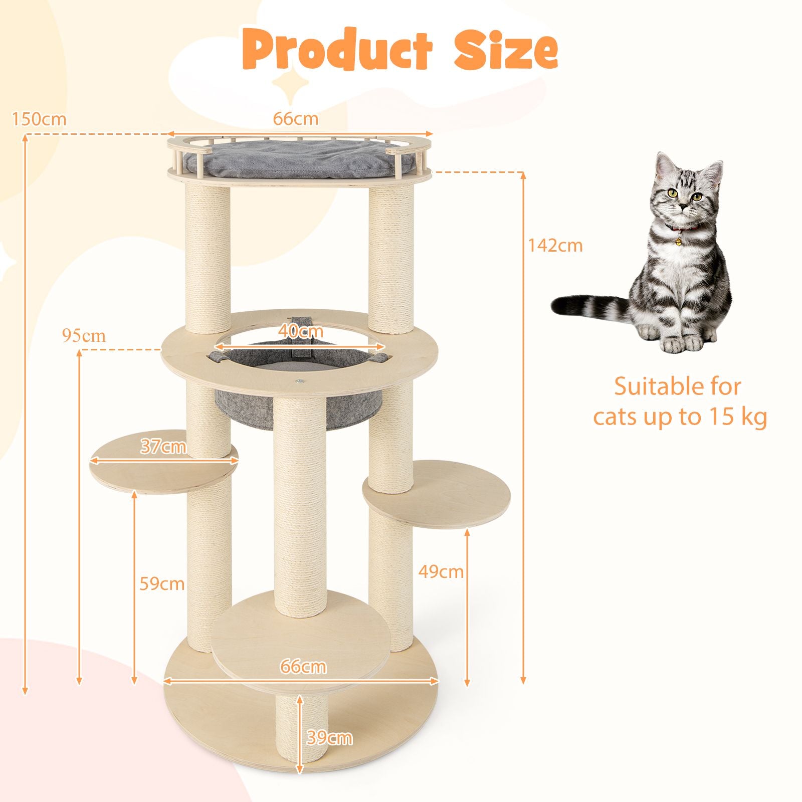 150CM Wooden Multi-Level Cat Tree with Top Perch and Hammock