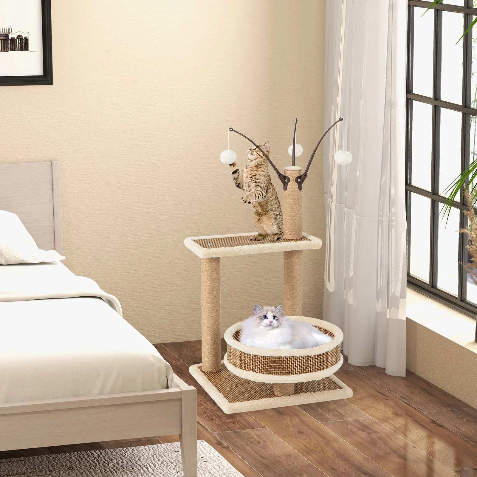 Contemporary Cat Tower Featuring Rattan Mat and Three Hanging Ball Toys