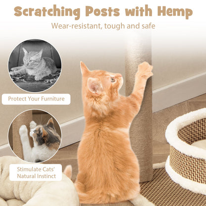 Contemporary Cat Tower Featuring Rattan Mat and Three Hanging Ball Toys