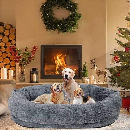 Luxury Large Human Sized Dog Bed Giant Soft Fur Beanbag Calming Mattress Thermal Pet Dog Napping Bed with Cozy Blanket Washable