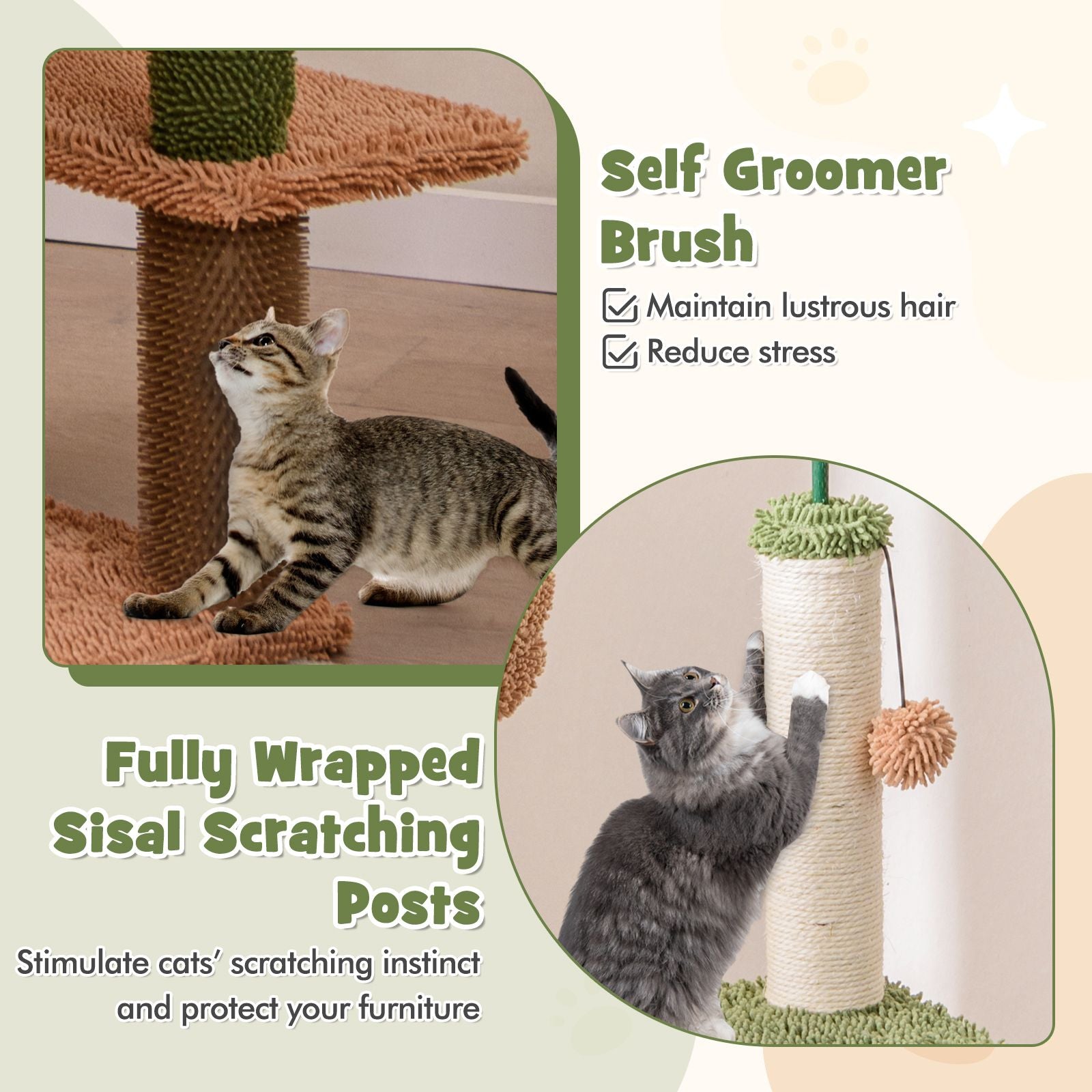 152Cm Cute Cat Tree with Sisal Scratching Posts and Rope, Plush Perch