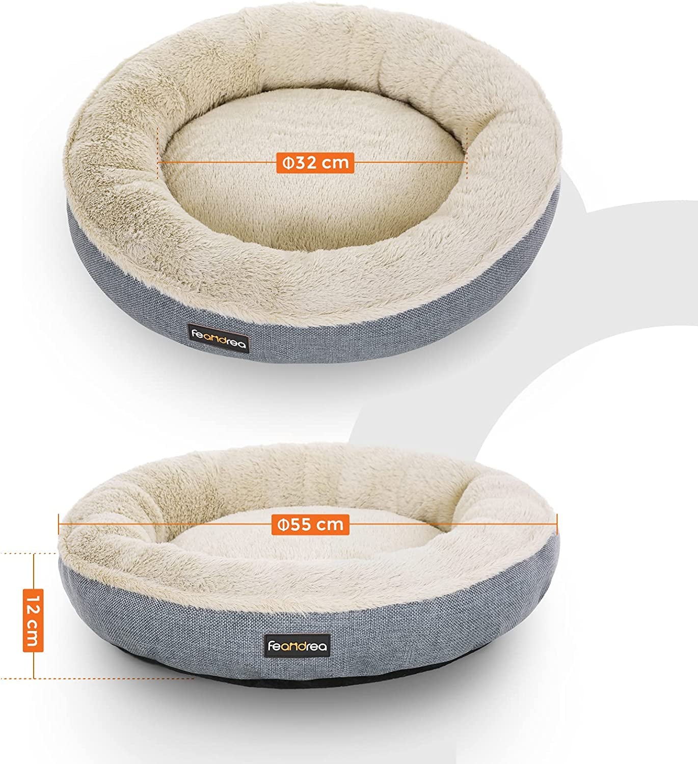 FEANDREA Donut-Shaped Dog and Cat Bed, Round 55 cm Diameter, Grey