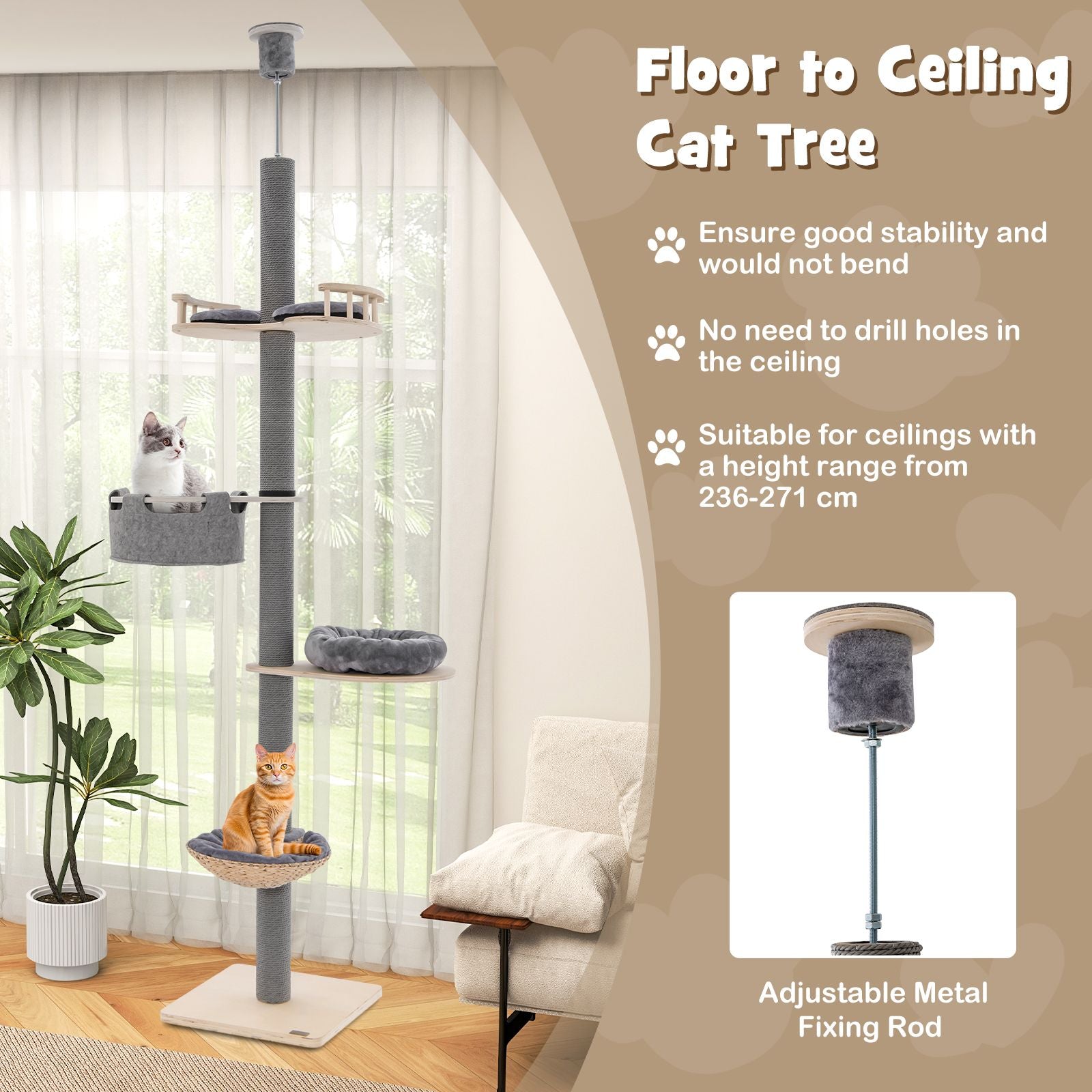 5-Tier Wooden Cat Tower Floor to Ceiling Cat Tree with Adjustable Height