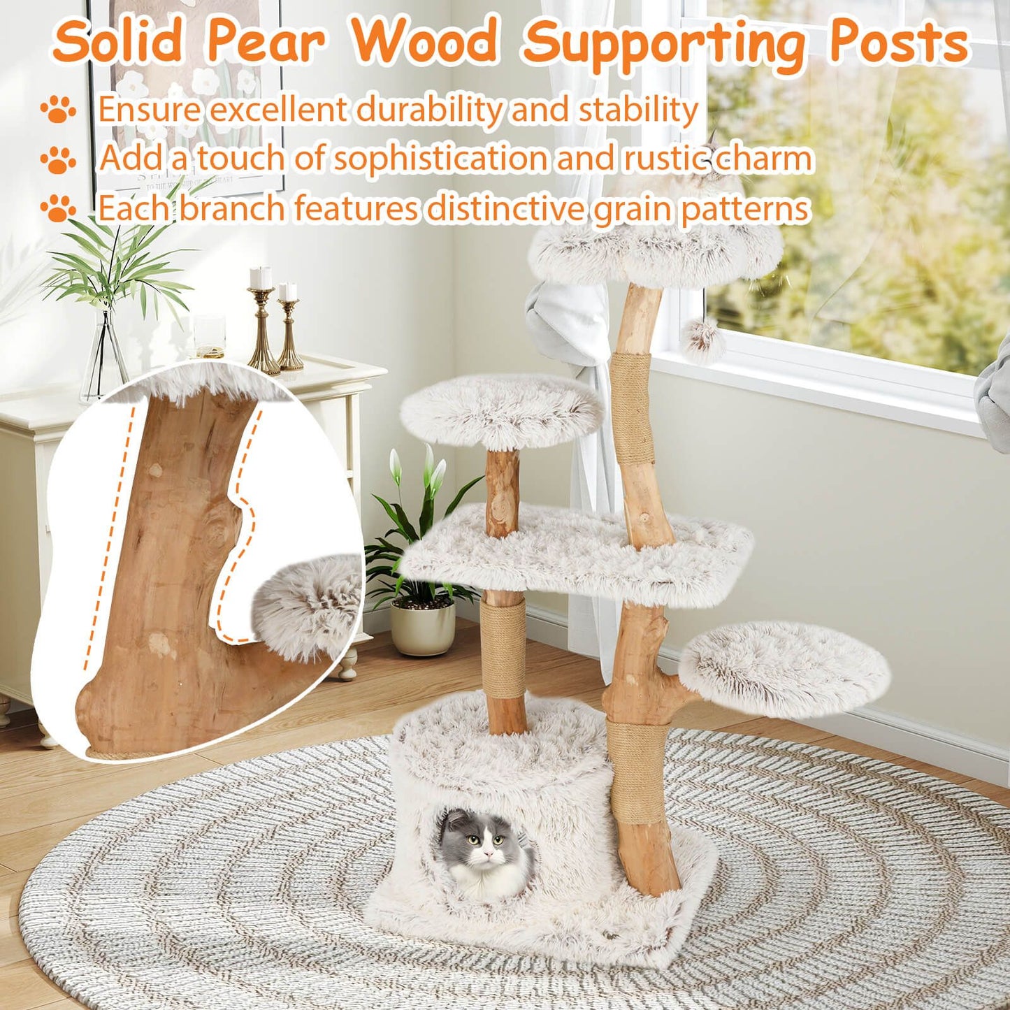 135Cm Cat Tree Tower with Wood Branches and Plush Condo