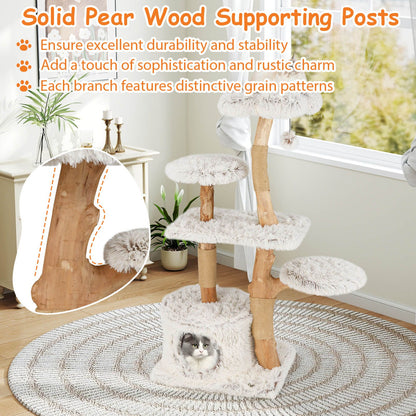 135Cm Cat Tree Tower with Wood Branches and Plush Condo