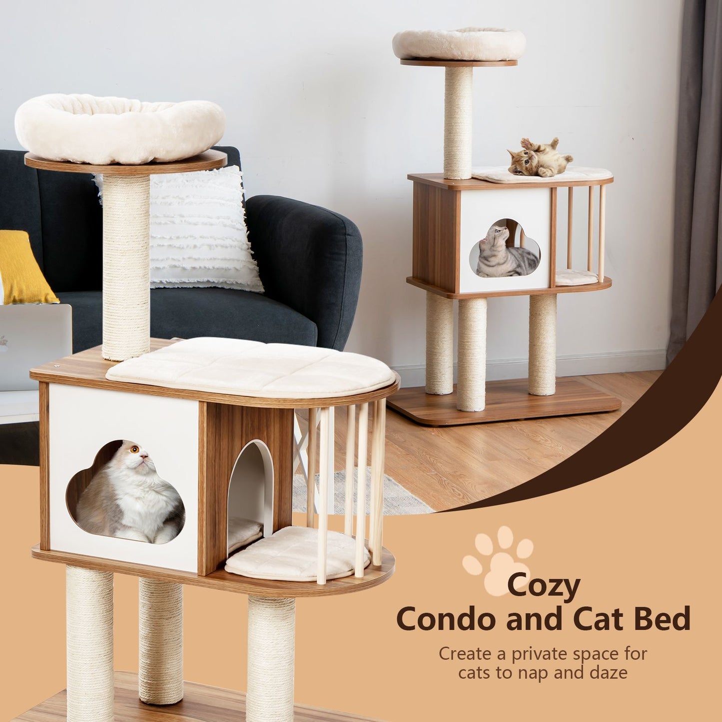 Modern Wooden Cat Tower with Platform