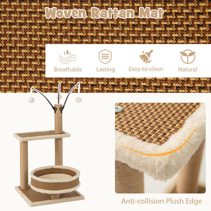 Contemporary Cat Tower Featuring Rattan Mat and Three Hanging Ball Toys