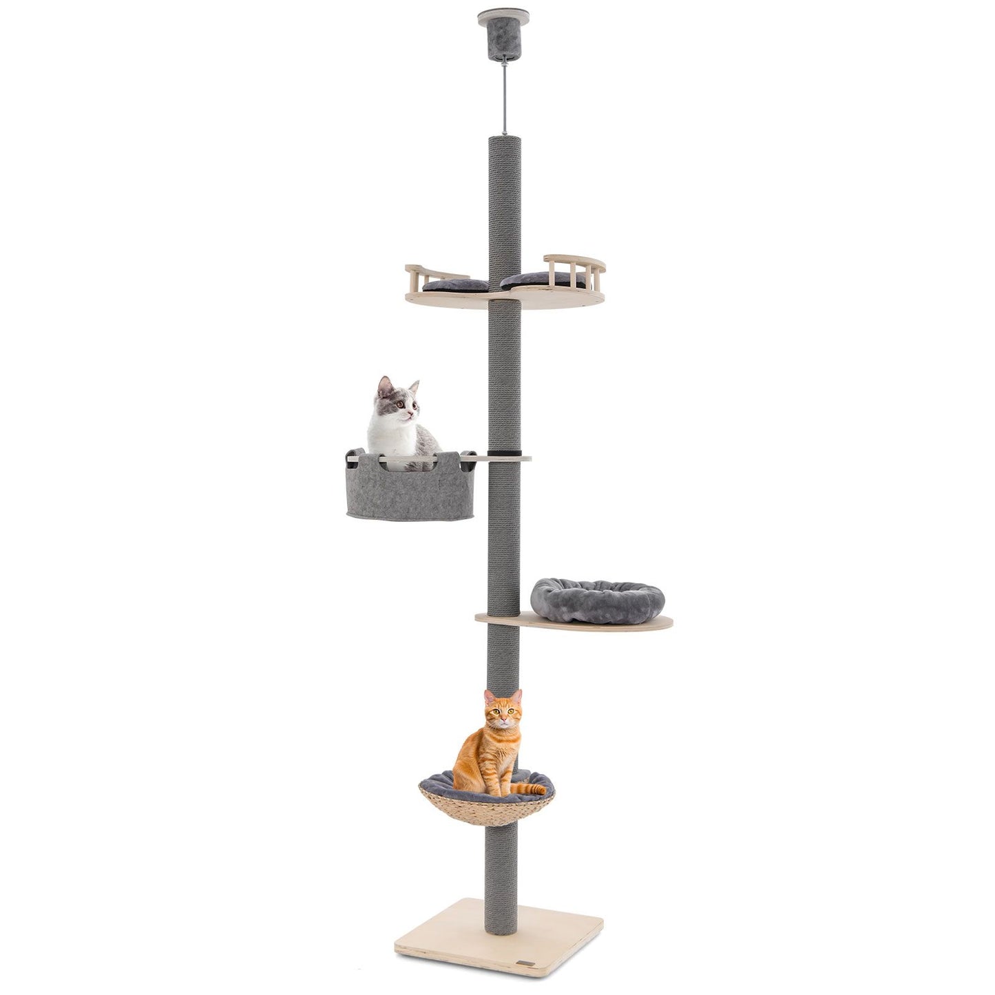 5-Tier Wooden Cat Tower Floor to Ceiling Cat Tree with Adjustable Height