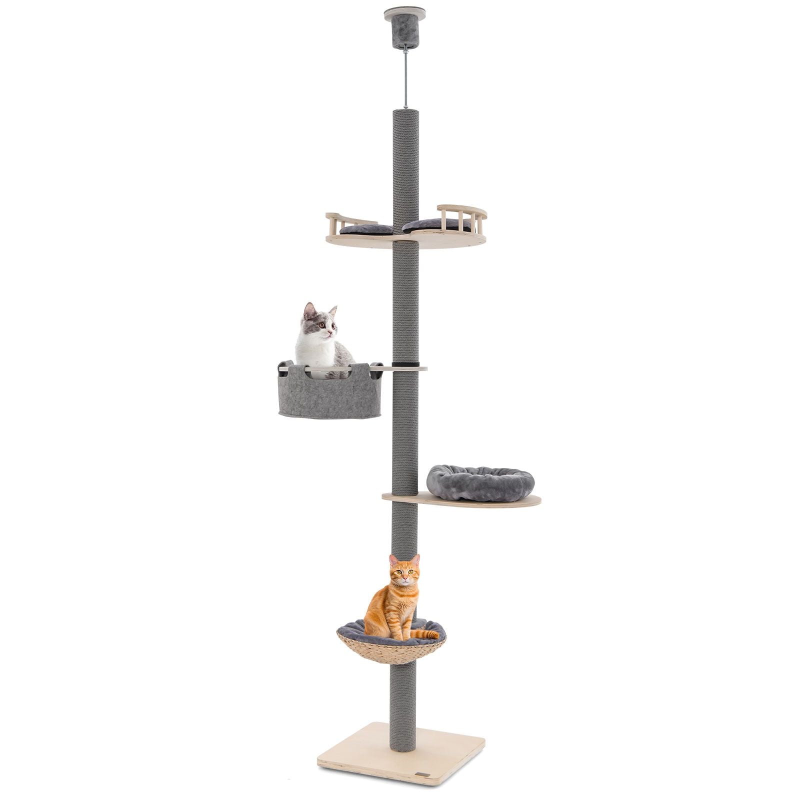 5-Tier Wooden Cat Tower Floor to Ceiling Cat Tree with Adjustable Height