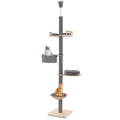 5-Tier Wooden Cat Tower Floor to Ceiling Cat Tree with Adjustable Height