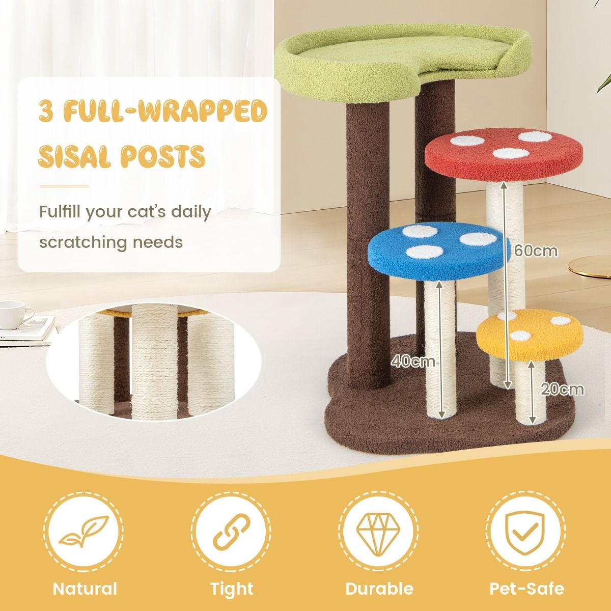 3-In-1 Cat Tree with 3 Full-Wrapped Sisal Posts and Removable Mat & Platforms
