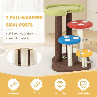 3-In-1 Cat Tree with 3 Full-Wrapped Sisal Posts and Removable Mat & Platforms