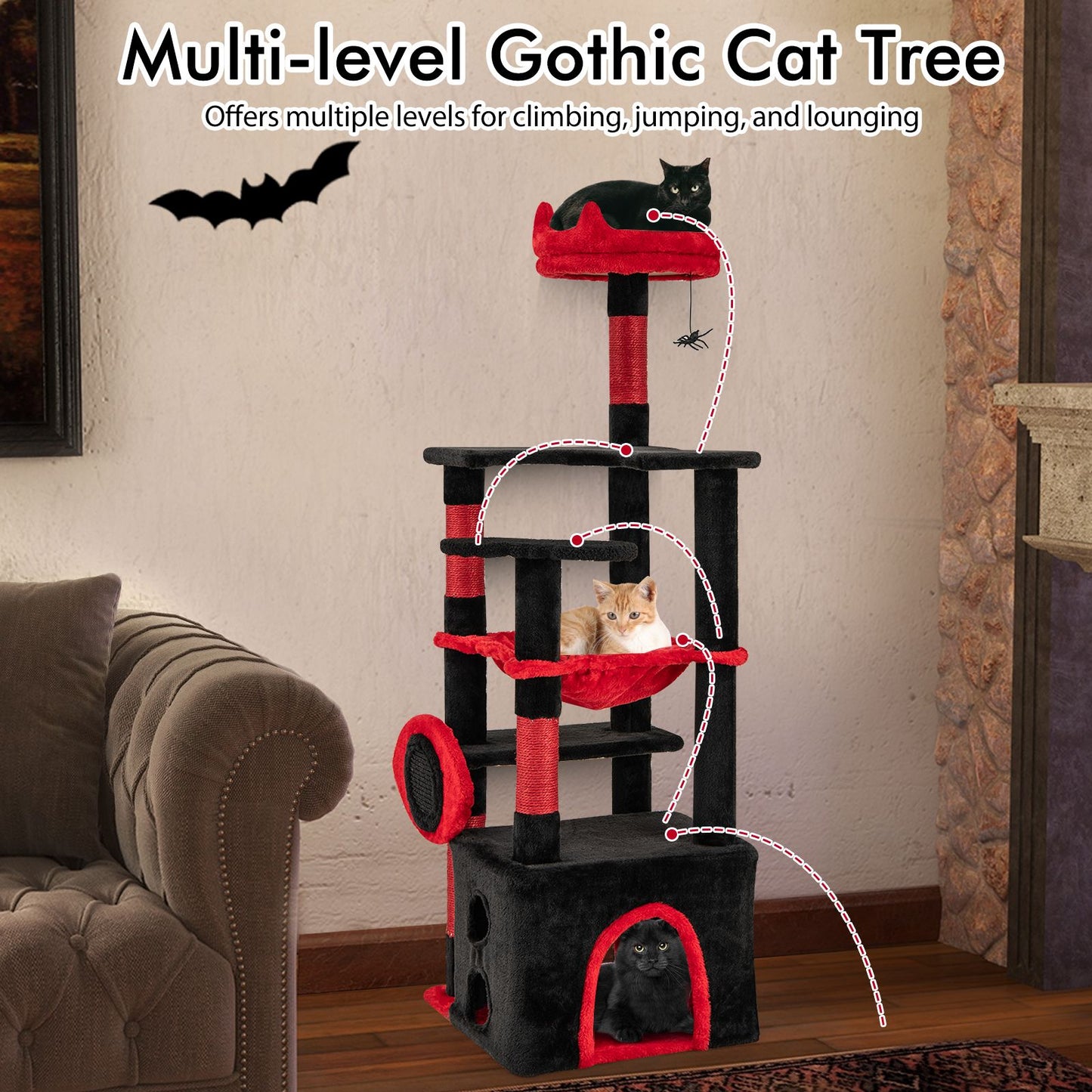 Gothic Cat Tree for Indoor Cats Large Cat Tower with Plush Perch