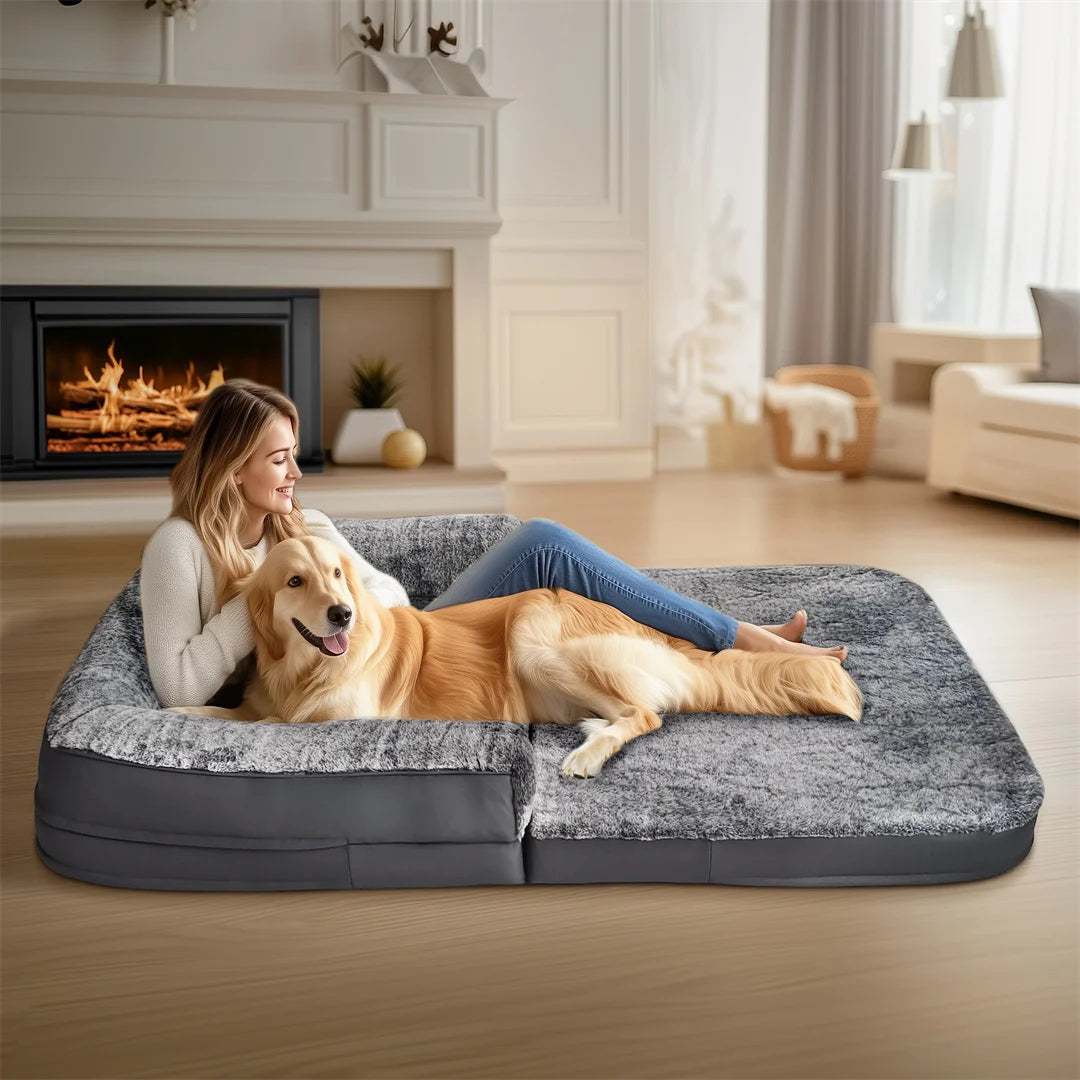 180cm Long Human-Sized Foldable Orthopedic Dog Bed with Plush Cover for Calming Comfort