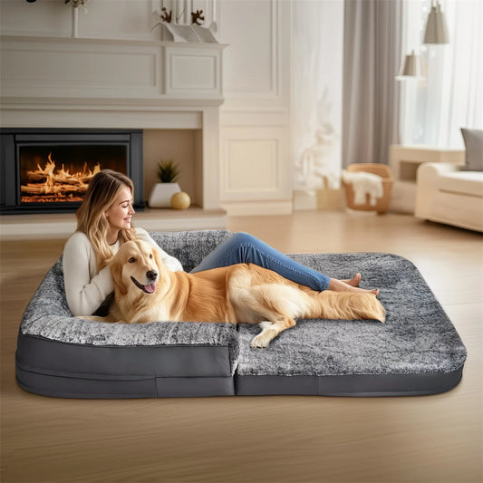 180cm Long Human-Sized Foldable Orthopedic Dog Bed with Plush Cover for Calming Comfort