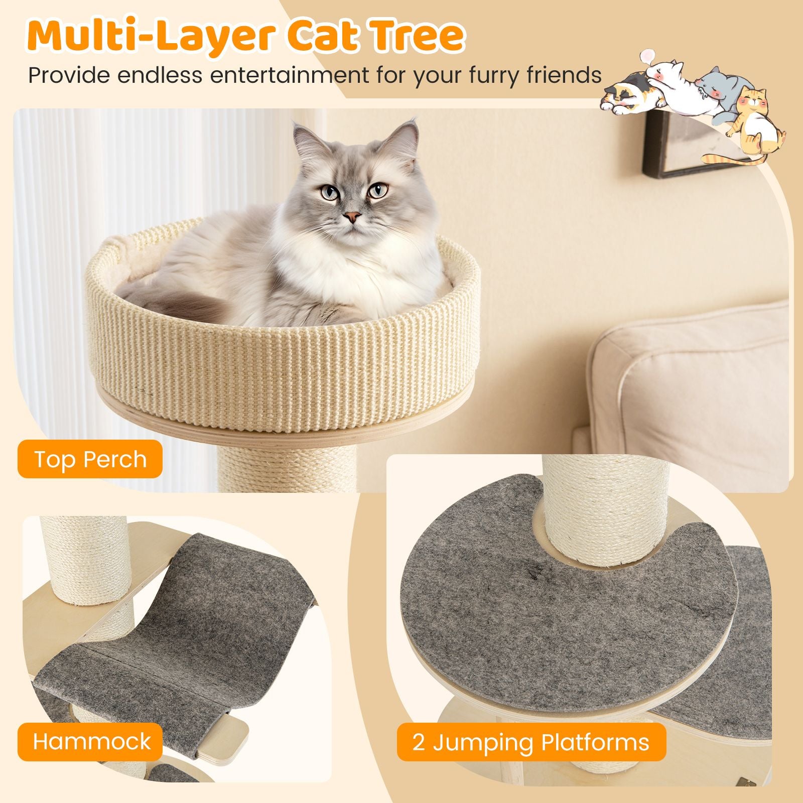 120 CM Multi-Layer Cat Tower with Sisal Covered Scratching Posts and Carpet