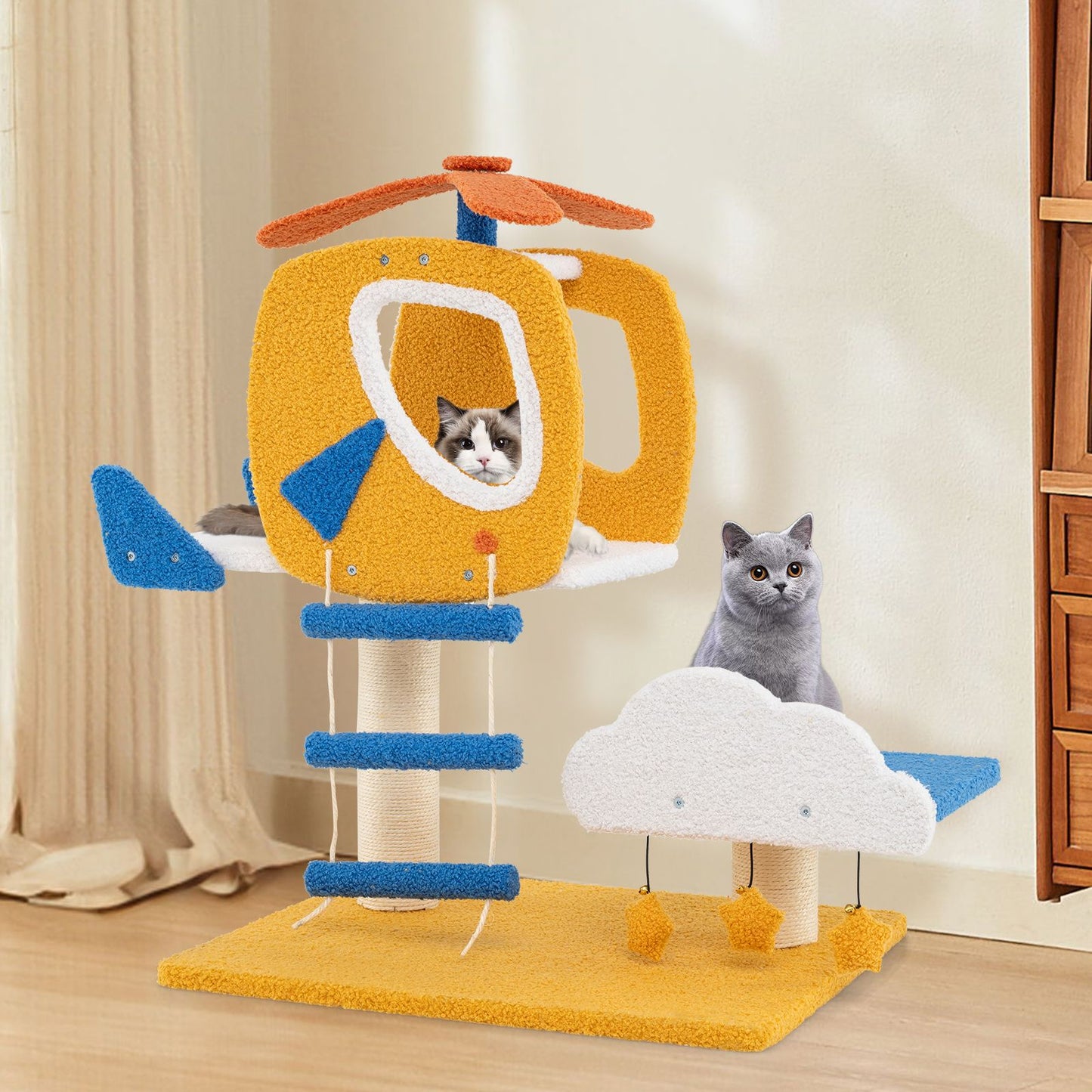 Aviation-Themed Cat Tree for Indoor Cats with Helicopter Top Perch